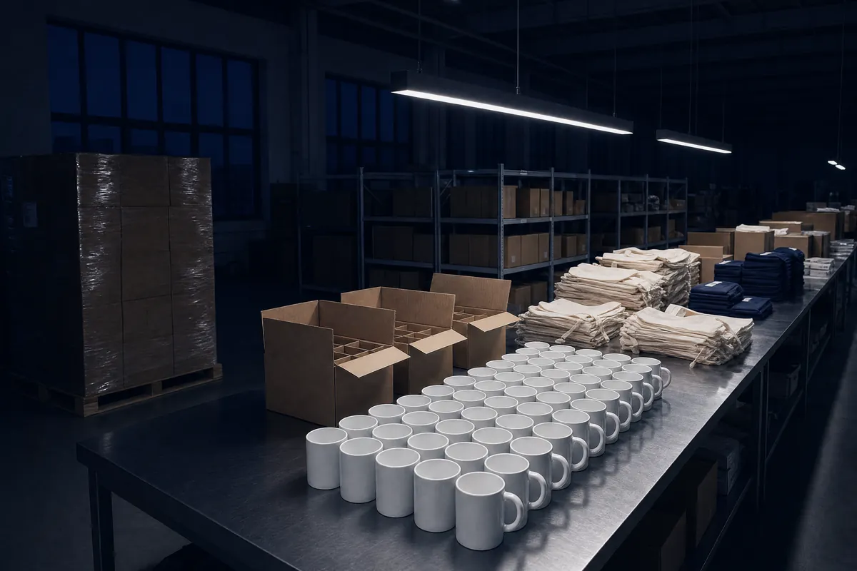 Moderne Produktions- und Packhalle für Werbeartikel mit Tassen, Stoffbeuteln und Versandkartons