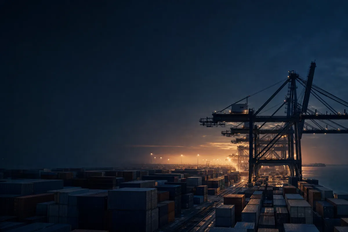 Container-Terminal zur blauen Stunde mit Containerbrücken und gestapelten Containern